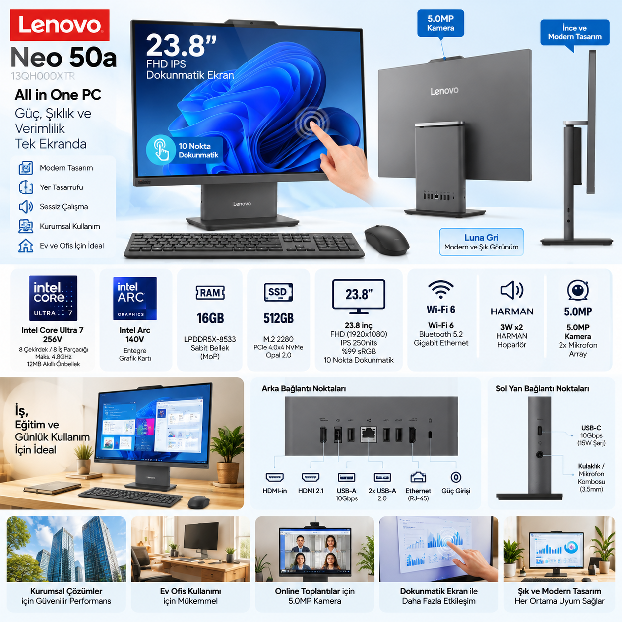 Lenovo Neo 50a 13QH000XTR Core Ultra 7 256V 16GB 512GB SSD 23.8 inç dokunmatik All in One PC