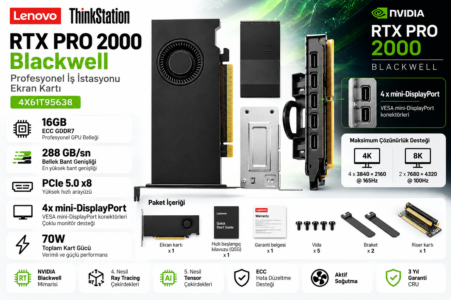 Lenovo RTX PRO 2000 Blackwell 4X61T95638 16GB ECC GDDR7 profesyonel ekran kartı