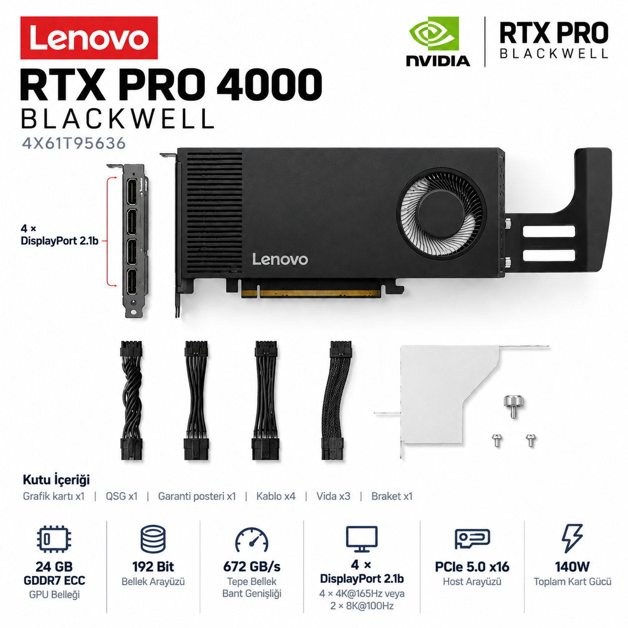LENOVO RTX PRO 4000 BLACKWELL 24GB GDDR7 4X61T95636 profesyonel ekran kartı
