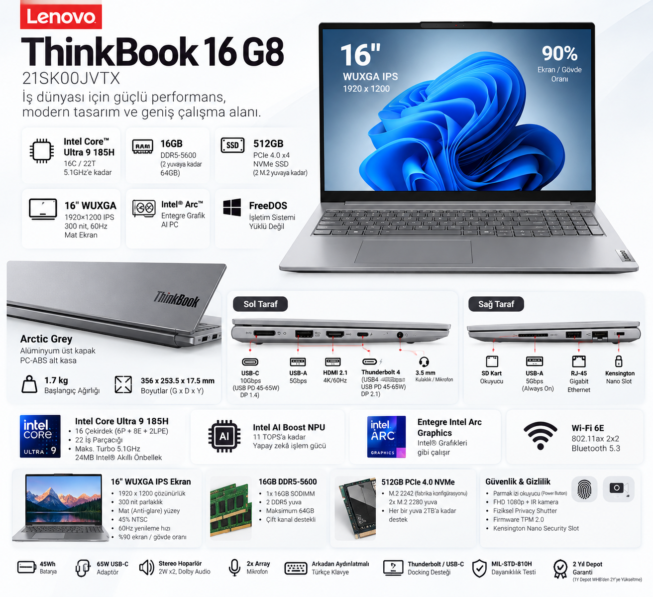 Lenovo ThinkBook 16 G8 21SK00JVTX Ultra 9 185H 16GB 512GB SSD 16 inç notebook