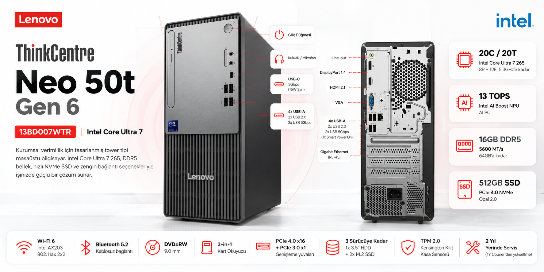 Lenovo ThinkCentre Neo 50t Gen 6 13BD007WTR Ultra 7 265 16GB 512GB SSD FreeDOS PC