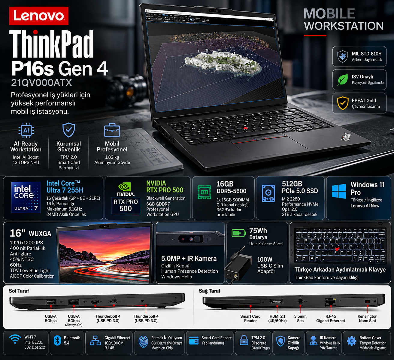 Lenovo ThinkPad P16s G4 21QV000ATX Core Ultra 7 255H RTX PRO 500 6GB mobil iş istasyonu