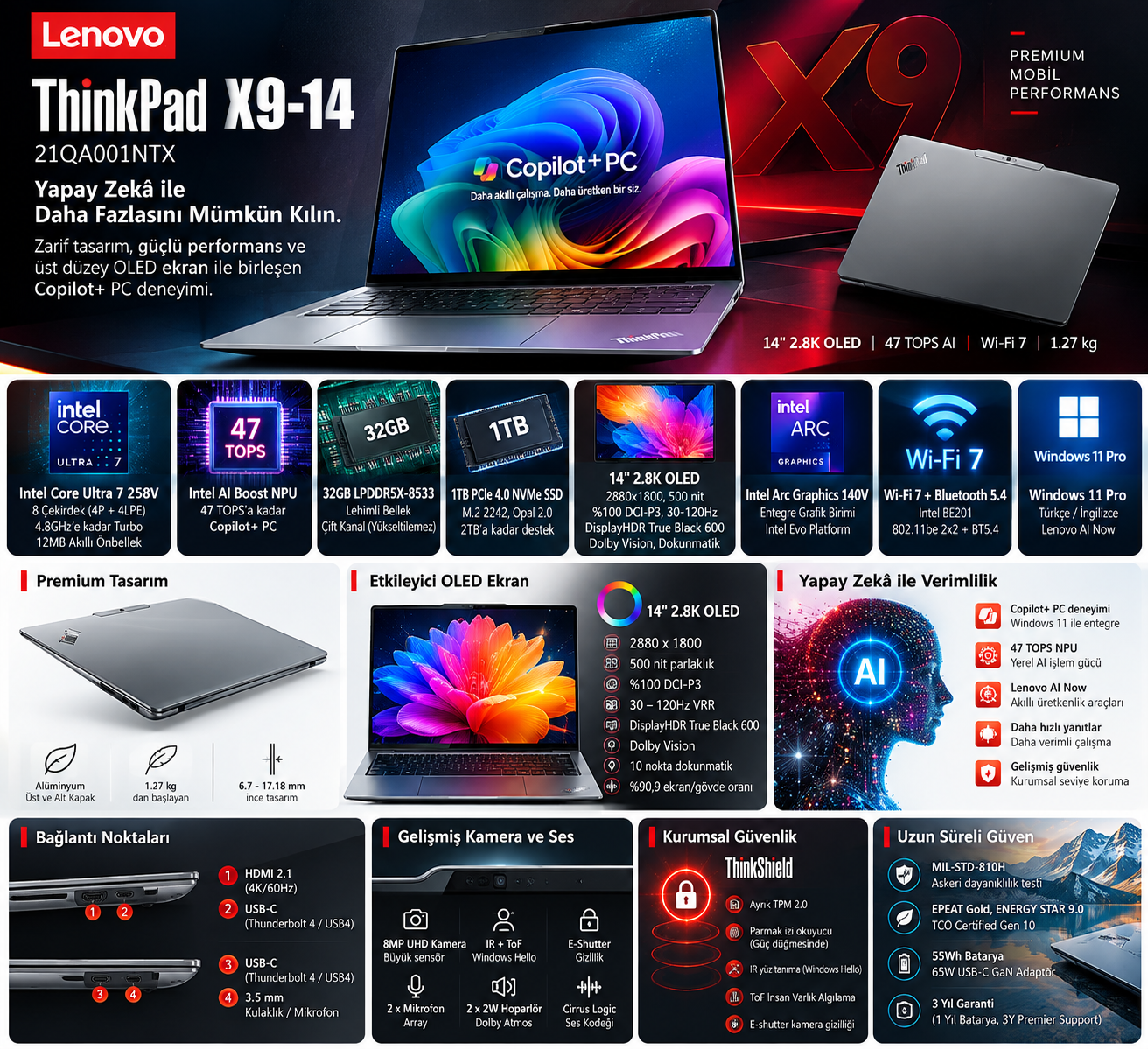 Lenovo ThinkPad X9-14 21QA001NTX Ultra 7 258V 32GB 1TB SSD 14 inç OLED Dokunmatik Notebook