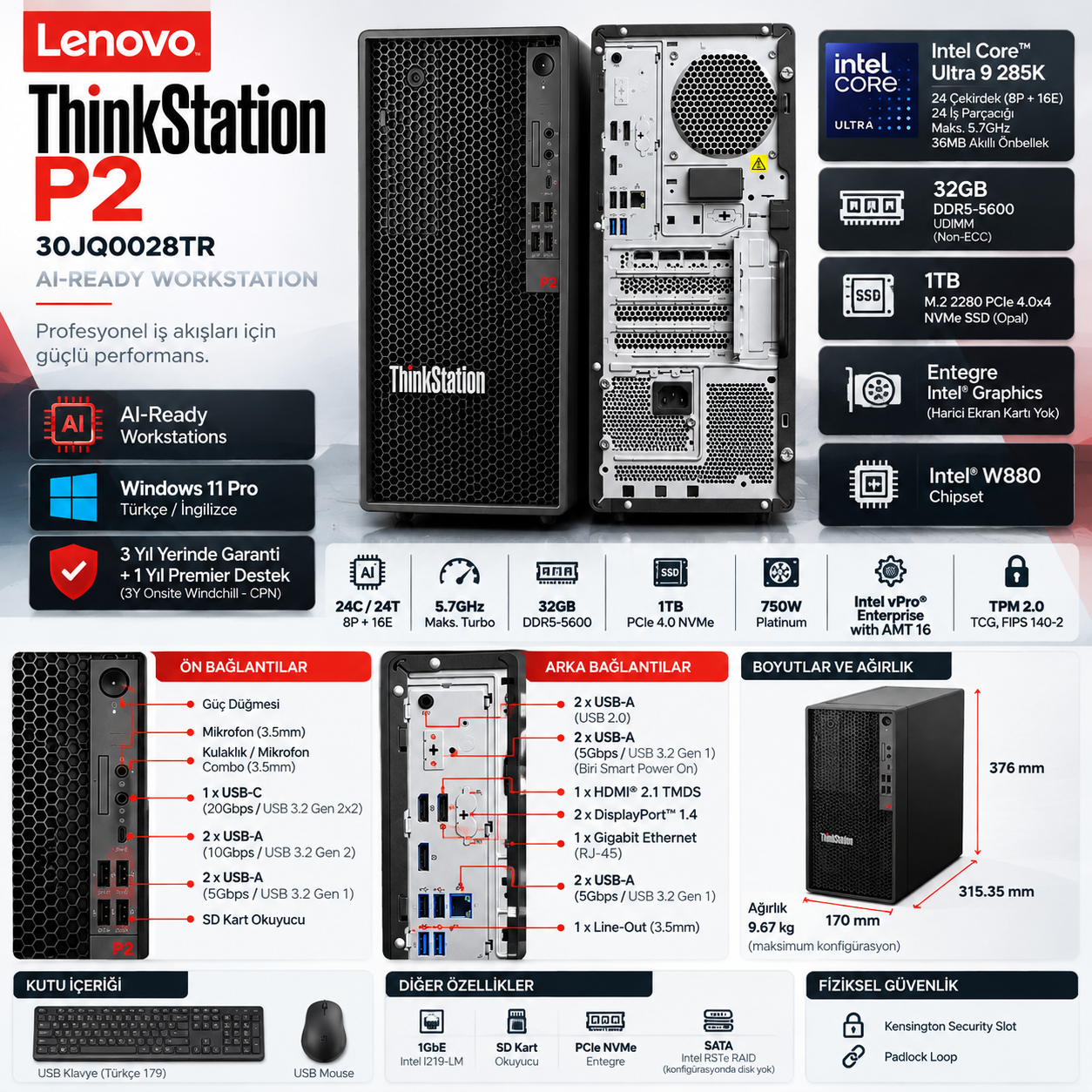 Lenovo ThinkStation P2 30JQ0028TR Ultra 9 285K 32GB 1TB SSD Workstation