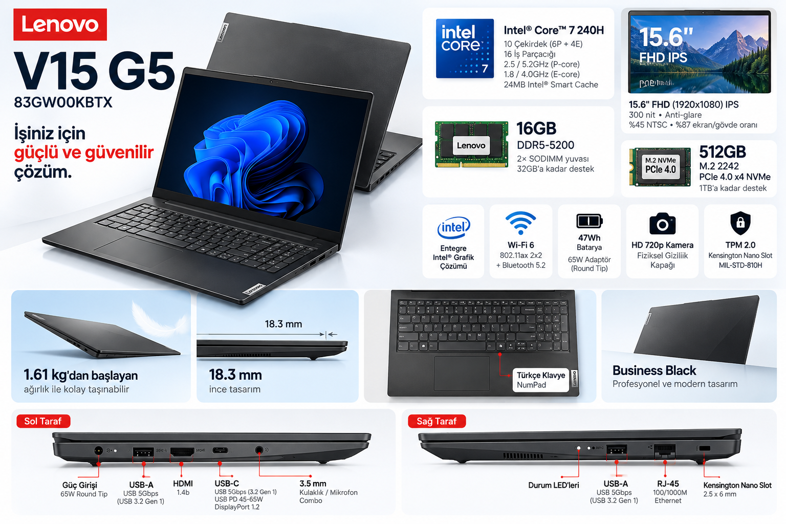 Lenovo V15 G5 83GW00KBTX Core 7 240H 16GB 512GB SSD 15.6 inç notebook