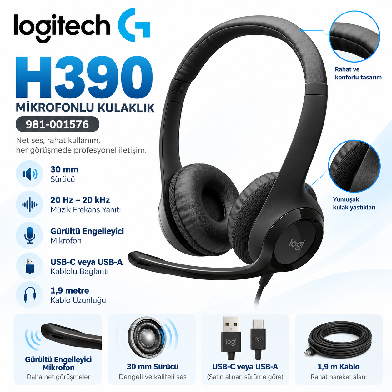 Logitech H390 981-001576 siyah gürültü engelleyici mikrofonlu USB kulaklık