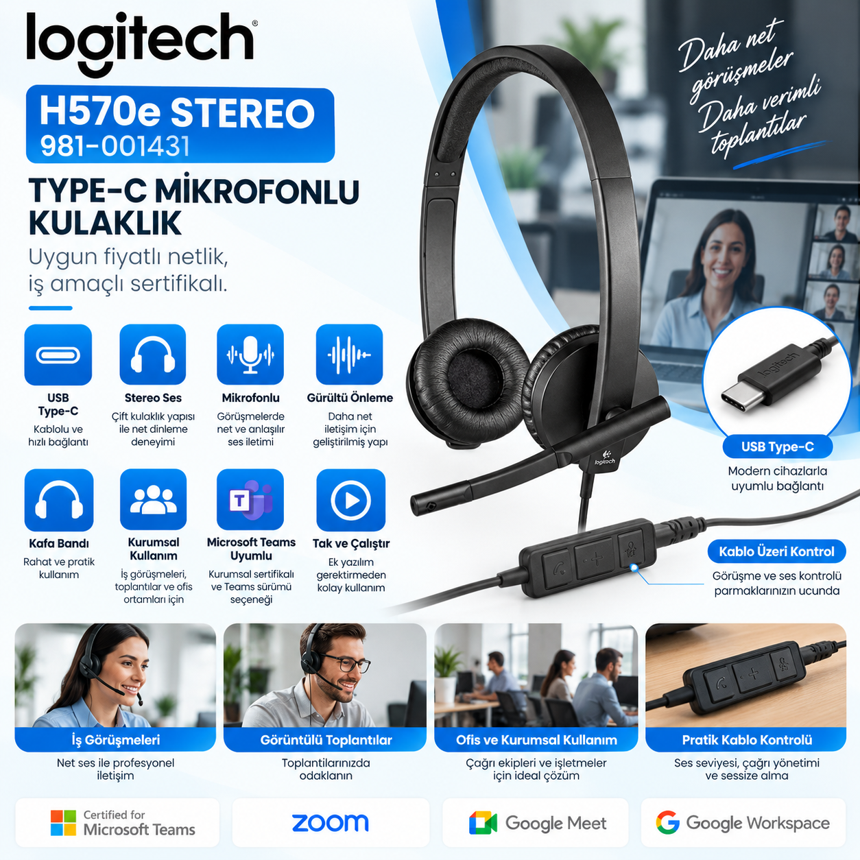Logitech H570e Stereo 981-001431 siyah USB Type-C mikrofonlu kurumsal kulaklık