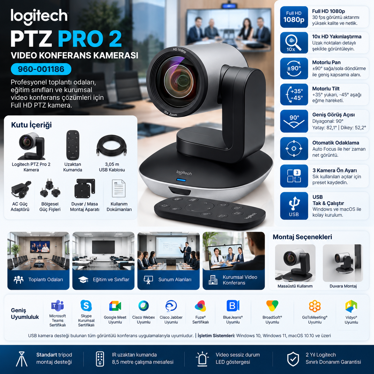 Logitech PTZ Pro 2 960-001186 Full HD PTZ Video Konferans Kamerası