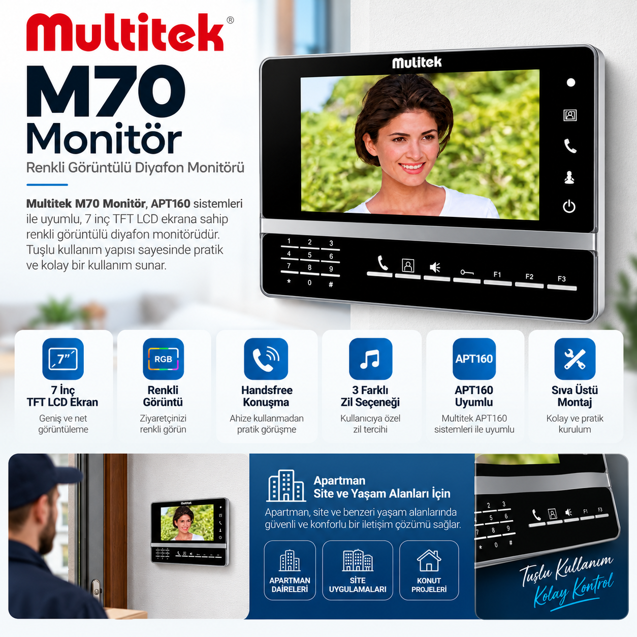 Multitek M70 APT160 uyumlu 7 inç renkli görüntülü diyafon monitörü