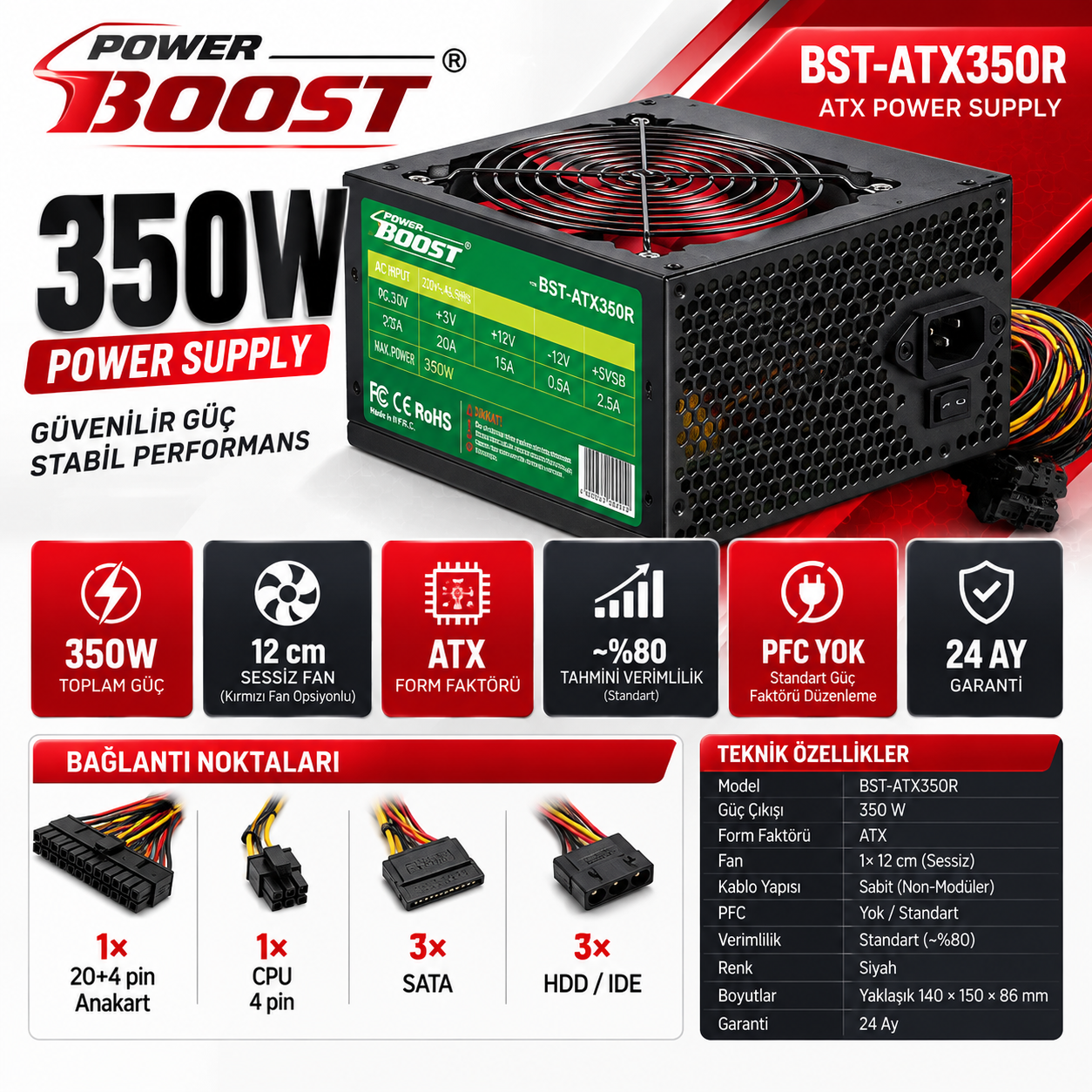 POWER BOOST BST-ATX350R 350W 12 cm fanlı ATX power supply