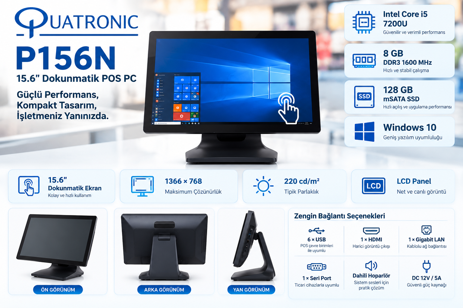 Quatronic P156N 15.6 inç Intel Core i5 8GB 128GB SSD dokunmatik POS PC