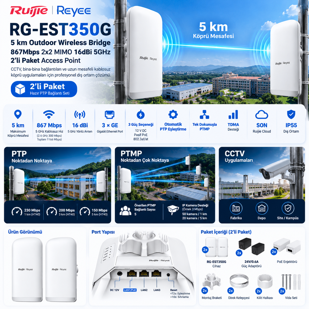Ruijie Reyee RG-EST350G 5 km 16 dBi 5 GHz Outdoor Wireless Bridge 2'li Paket