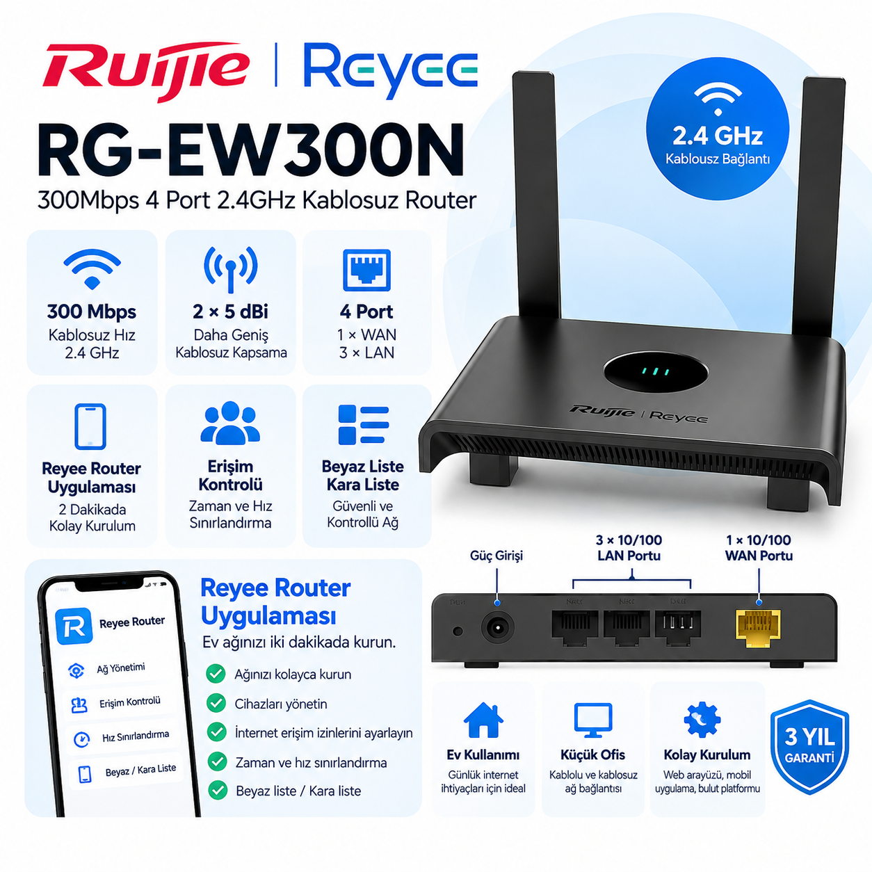 ALT metni: RUIJIE RG-EW300N 300Mbps 2.4GHz 4 port kablosuz router