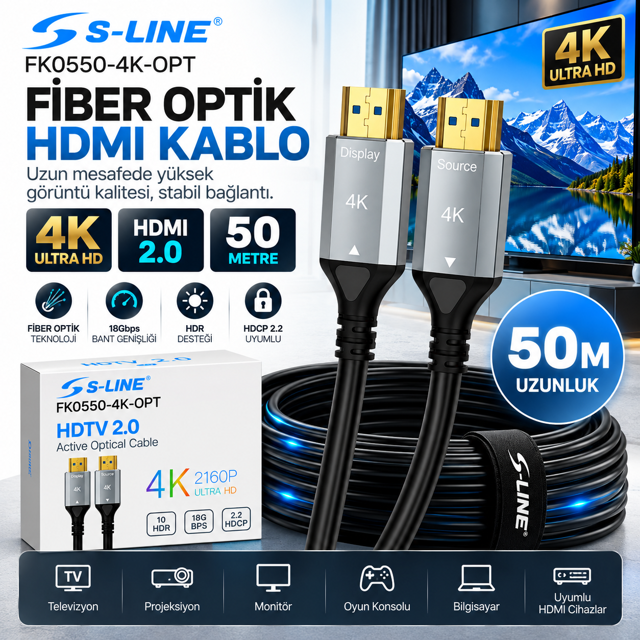 S-LINE FK0550-4K-OPT 50 metre 4K fiber optik HDMI kablo