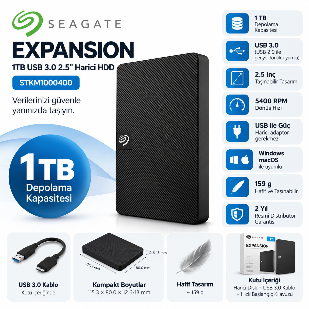 Seagate Expansion STKM1000400 1TB USB 3.0 2.5 inç siyah harici HDD