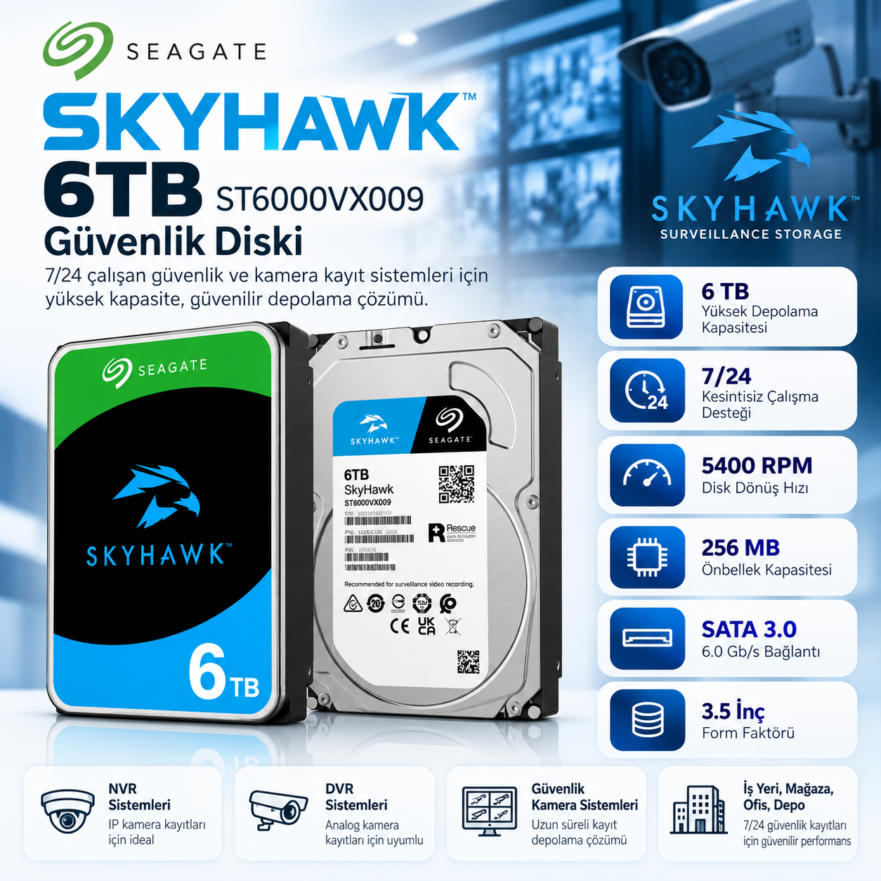 Seagate SkyHawk 6TB ST6000VX009 7/24 güvenlik kamera kayıt HDD