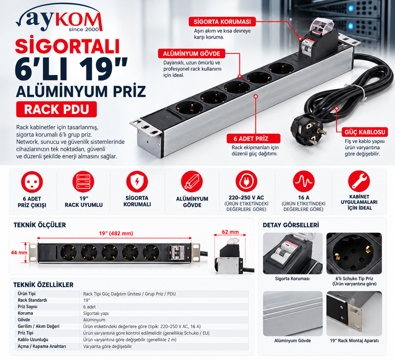 Sigortalı 6'lı 19 İnç Alüminyum Rack Kabinet Priz PDU