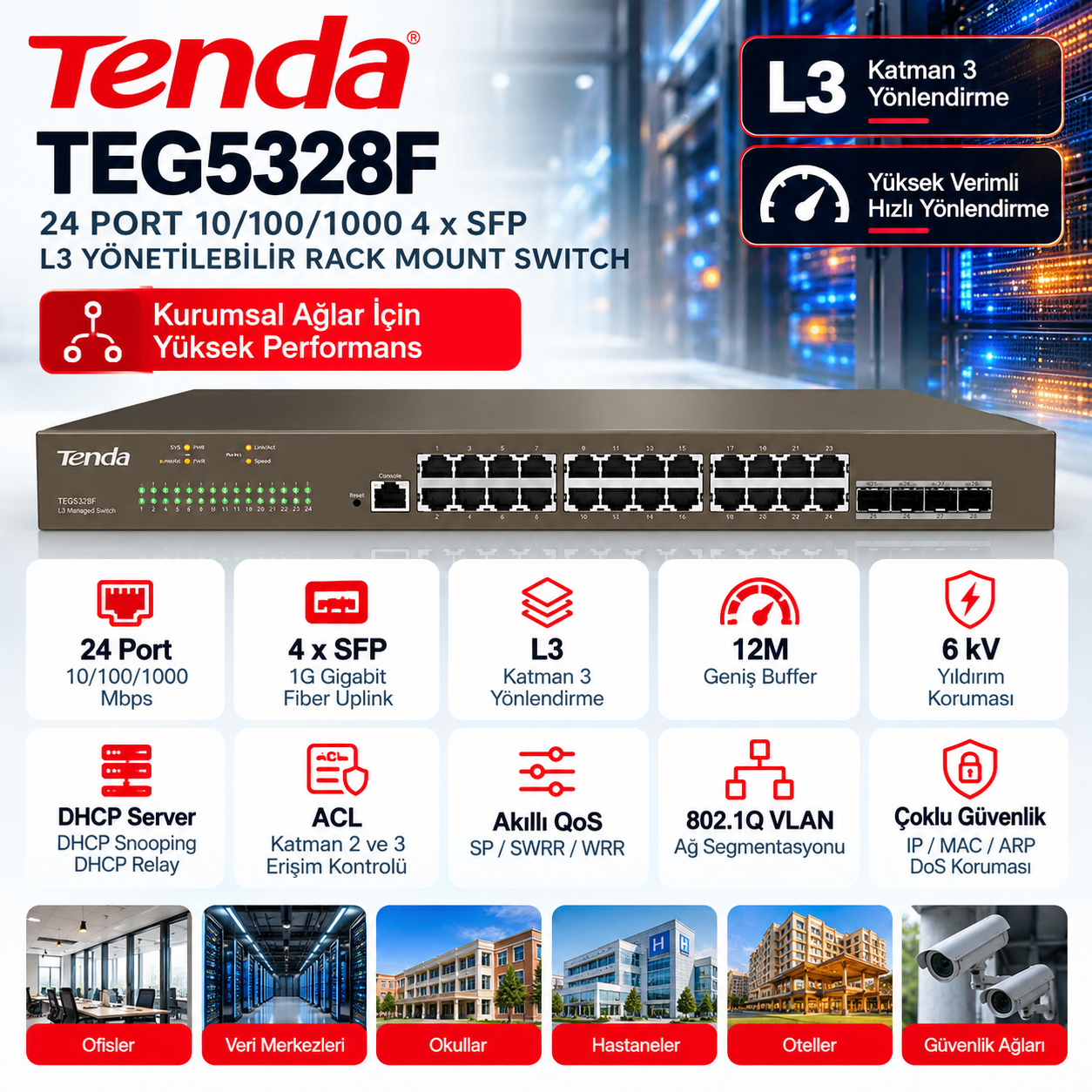 Tenda TEG5328F 24 port Gigabit 4 SFP L3 yönetilebilir rack mount switch