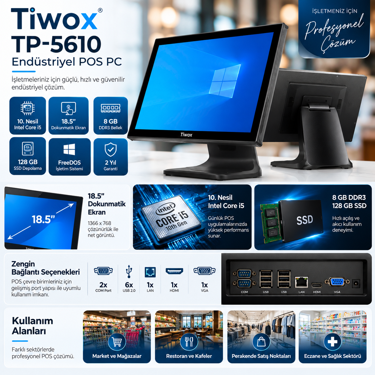 Tiwox TP-5610 i5 8GB 128GB SSD 18.5 inç dokunmatik endüstriyel POS PC