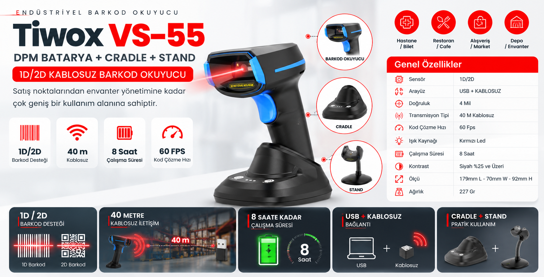 Tiwox VS-55 DPM Batarya Cradle Stand 1D 2D Kablosuz Barkod Okuyucu