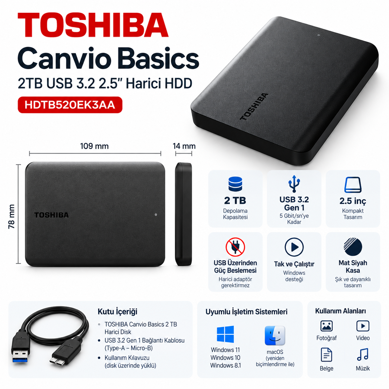 TOSHIBA Canvio Basics 2TB USB 3.2 2.5 inç Harici HDD HDTB520EK3AA