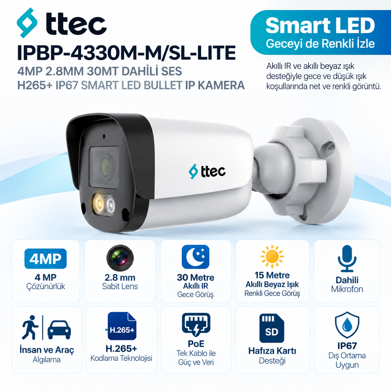 TTEC IPBP-4330M-M/SL-LITE 4MP 2.8mm Smart LED bullet IP kamera
