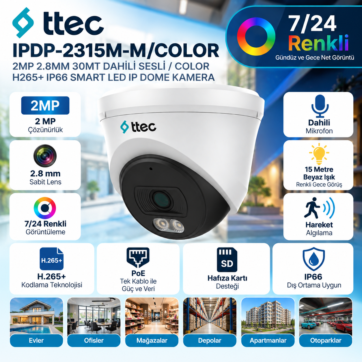 TTEC IPDP-2315M-M/COLOR 2MP 2.8mm 7/24 renkli dahili mikrofonlu PoE dome IP kamera