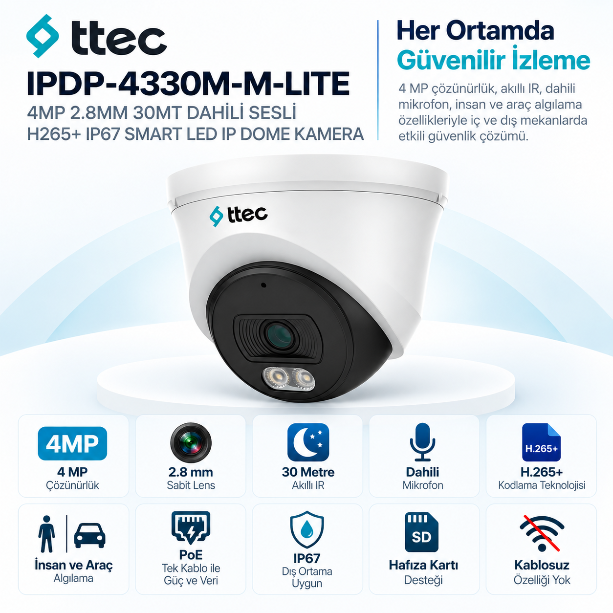 TTEC IPDP-4330M-M-LITE 4MP 2.8mm dahili mikrofonlu PoE dome IP kamera