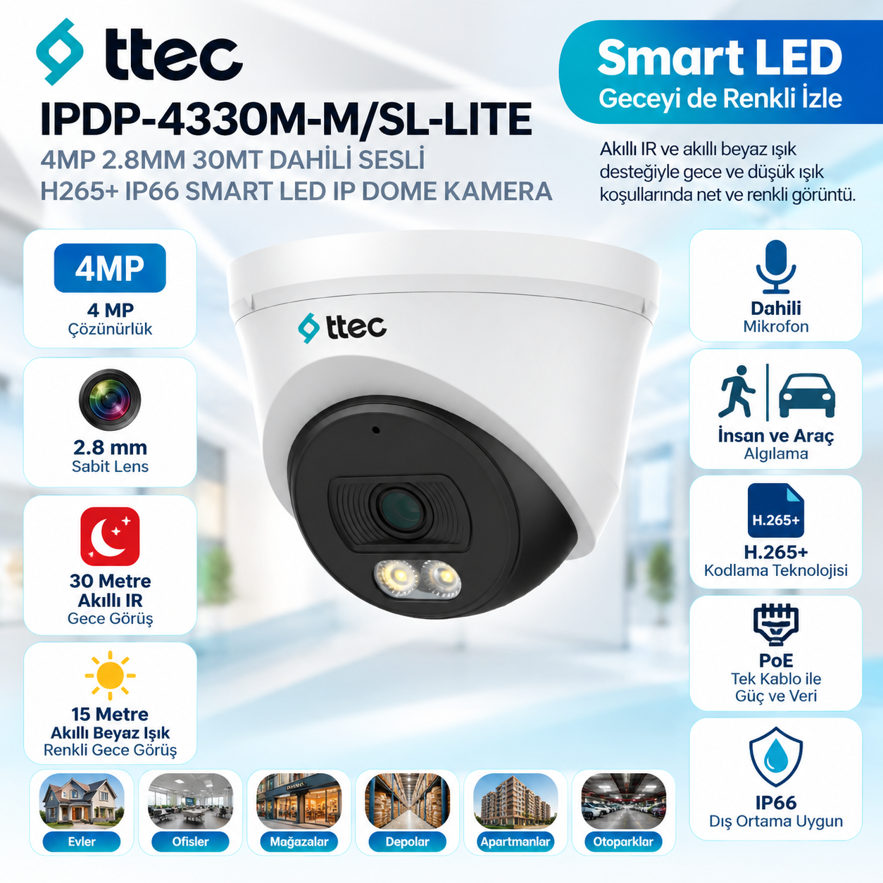 TTEC IPDP-4330M-M/SL-LITE 4MP 2.8mm Smart LED Dome IP Kamera