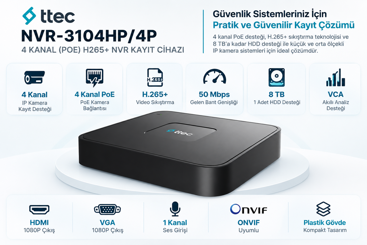 TTEC NVR-3104HP/4P 4 Kanal PoE H.265+ NVR Kayıt Cihazı