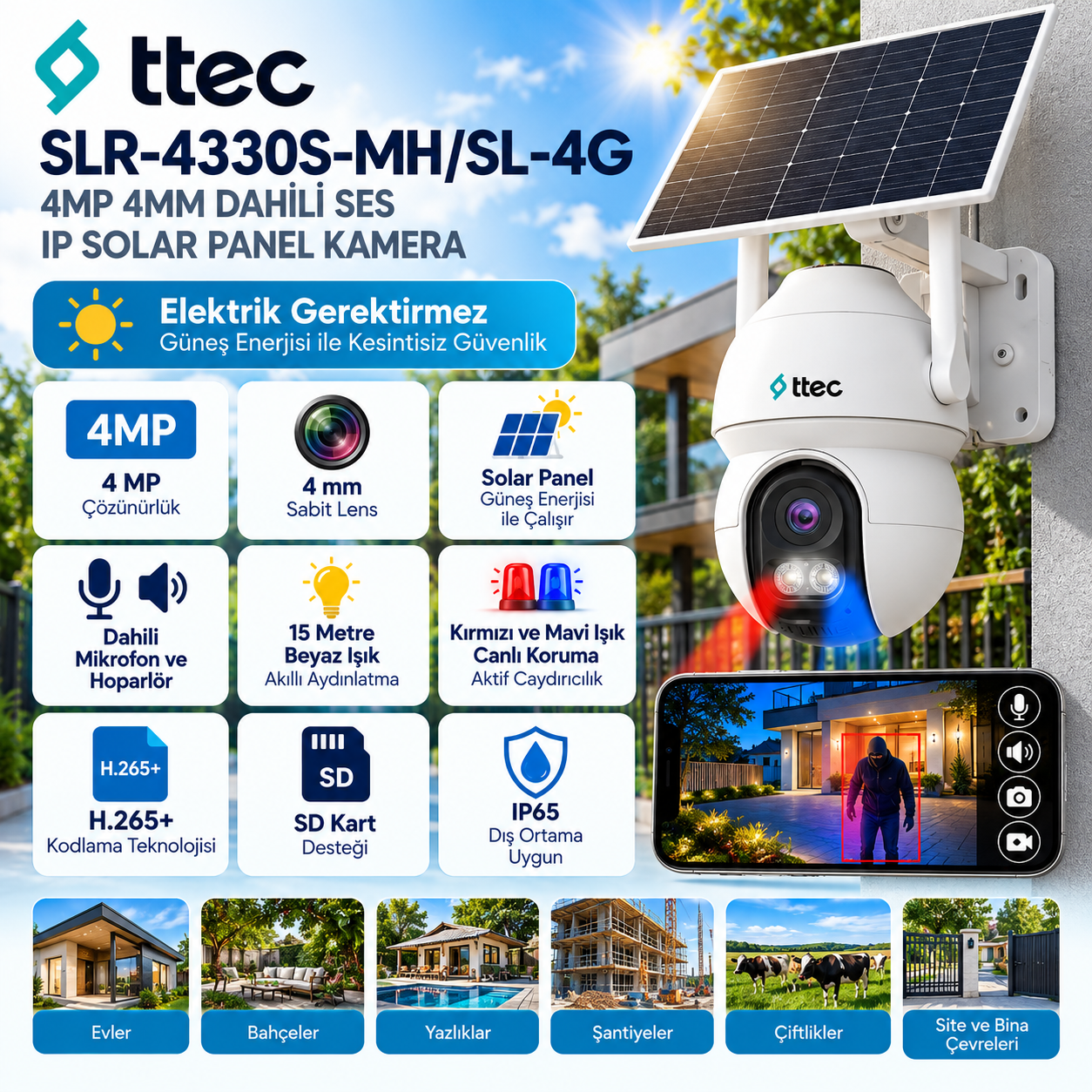 TTEC SLR-4330S-MH/SL-4G 4MP 4mm dahili sesli solar panel IP güvenlik kamerası
