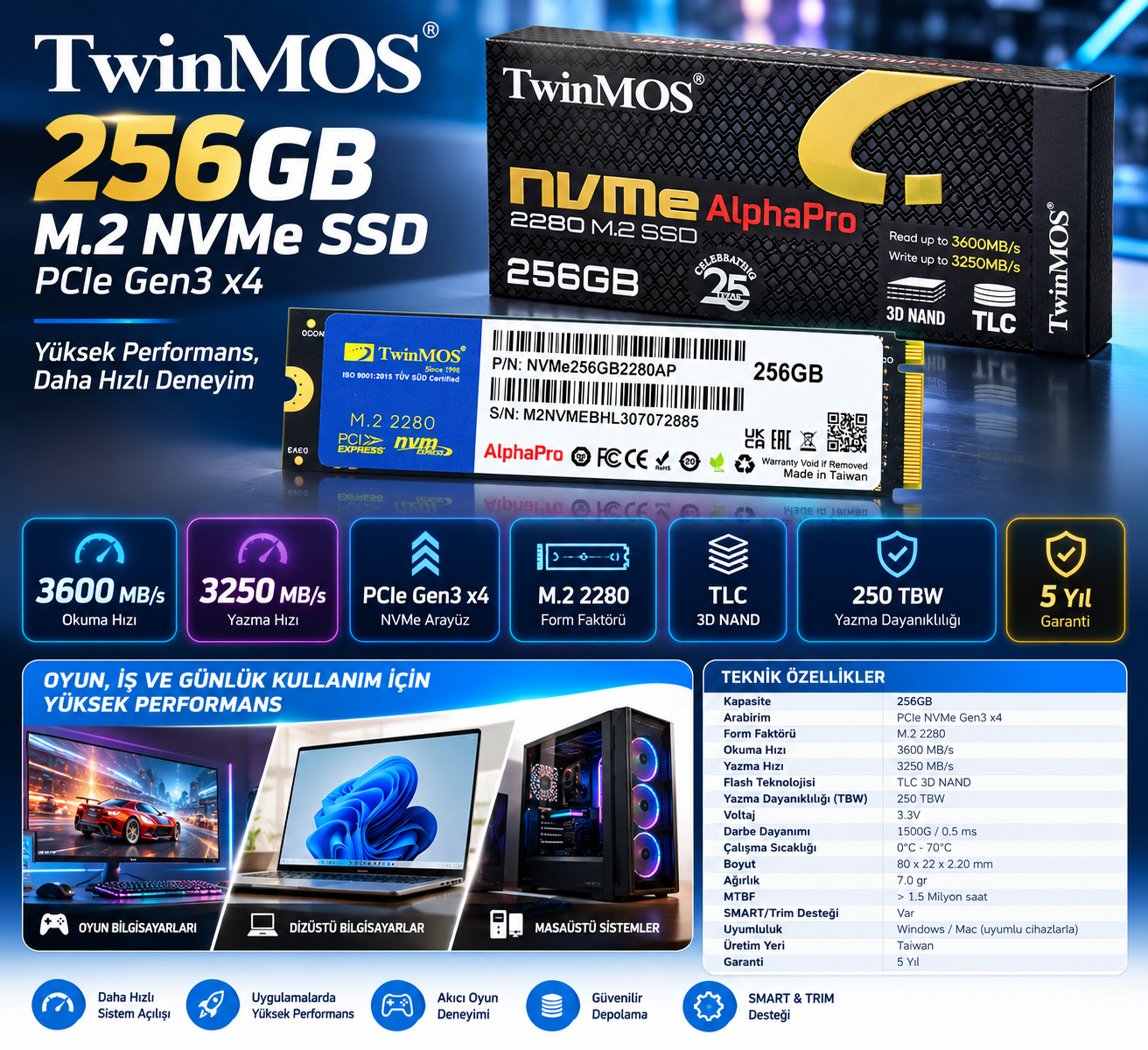 TwinMOS 256GB M.2 PCIe Gen3 NVMe SSD 3600 MB/s