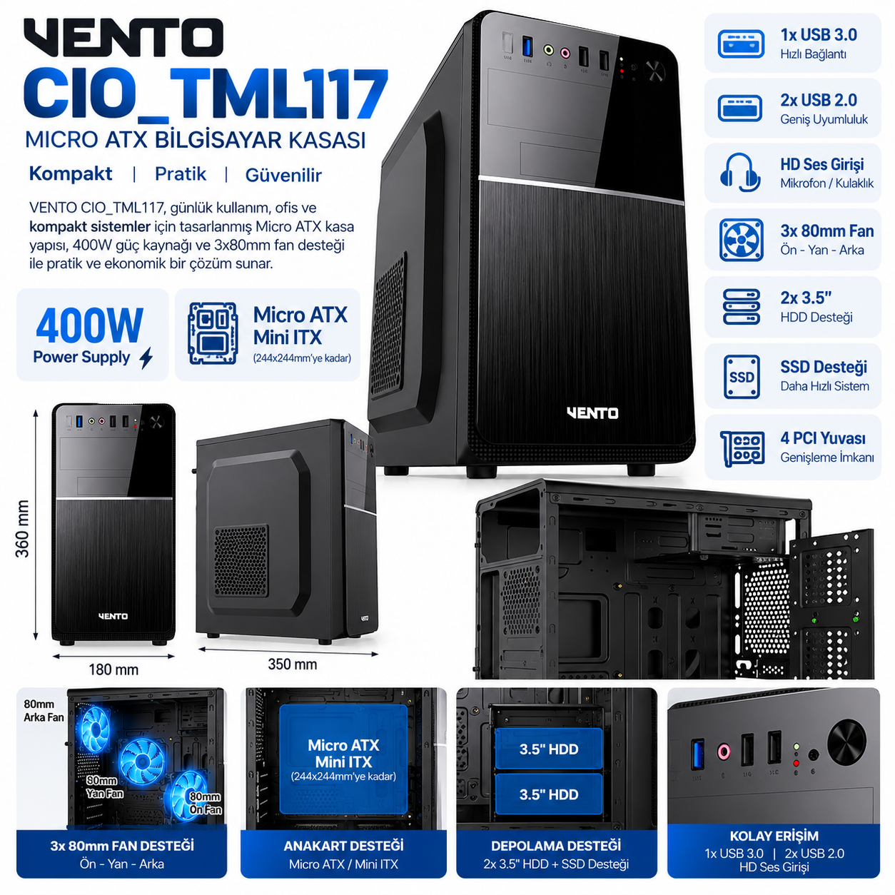 VENTO CIO_TML117 400W Micro ATX siyah bilgisayar kasası