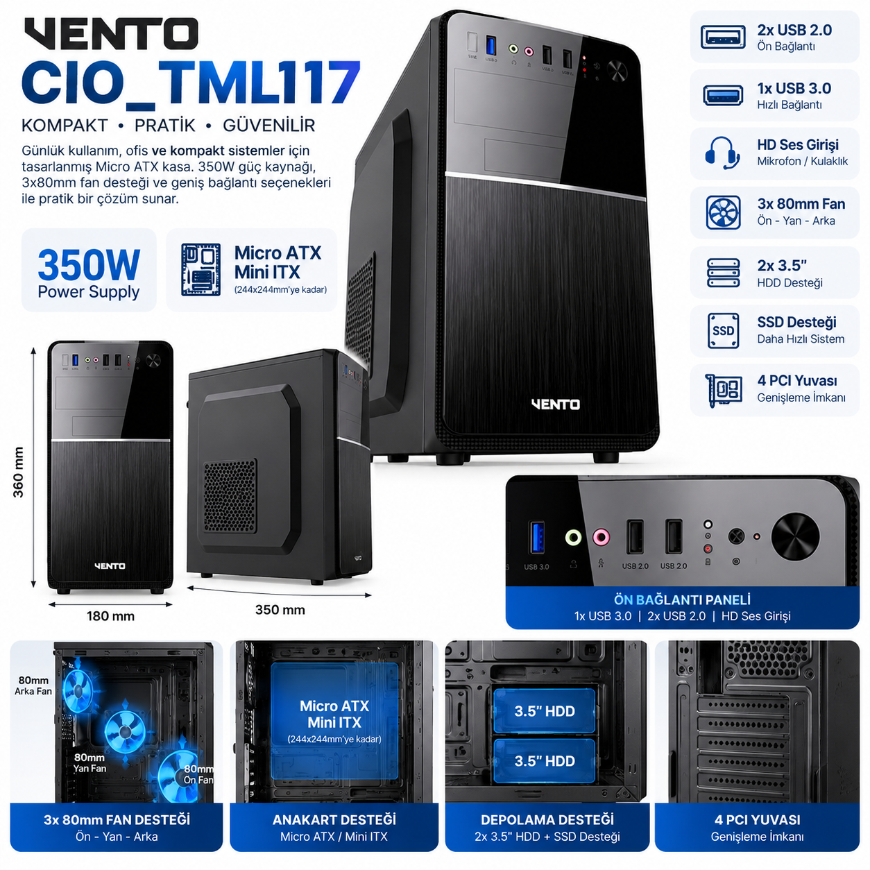 VENTO TML117 350W Micro ATX siyah bilgisayar kasası