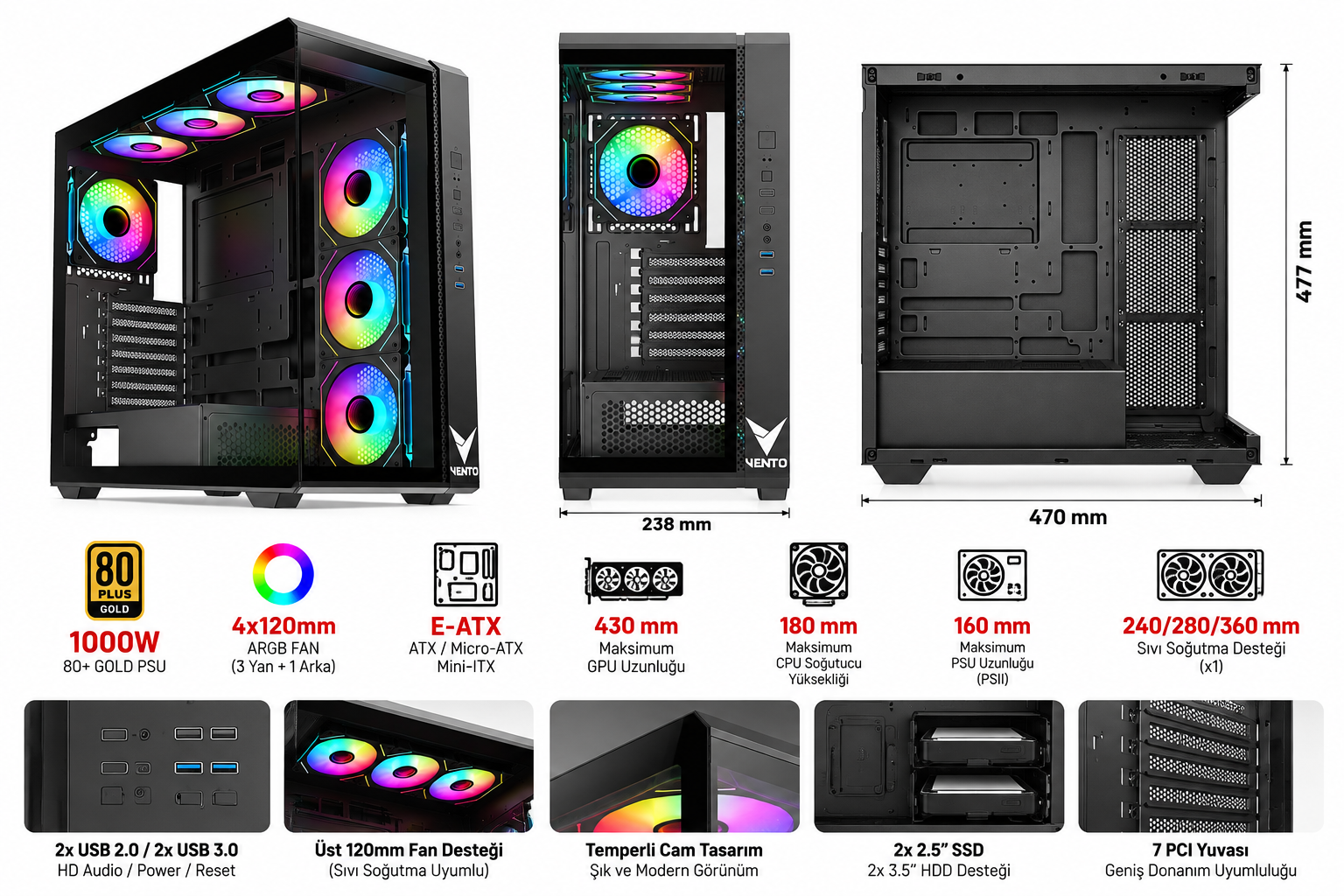 VENTO VG4302FA 1000W 80+ Gold 4x120mm ARGB E-ATX temperli cam gaming kasa