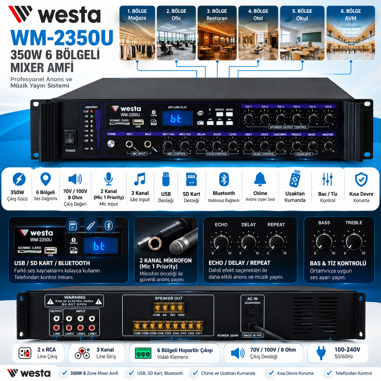 WESTA WM-2350U 350W 6 bölgeli 100V Bluetooth USB SD kart destekli mixer amfi