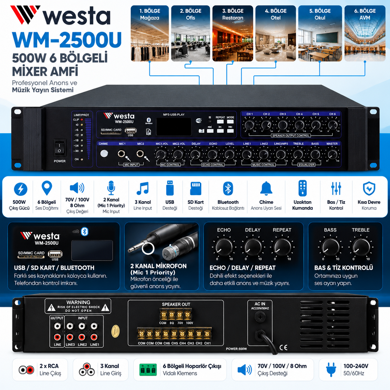 WESTA WM-2500U 500W 6 Bölgeli Mixer Amfi 70V 100V Bluetooth USB SD