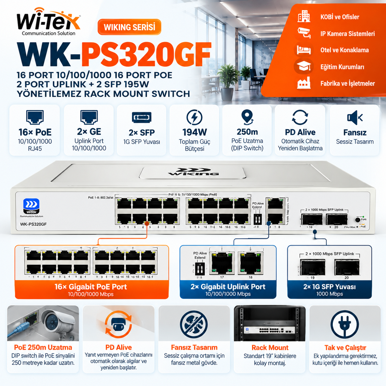 WI-TEK WIKING WK-PS320GF 16 Port PoE Gigabit Rack Mount Switch