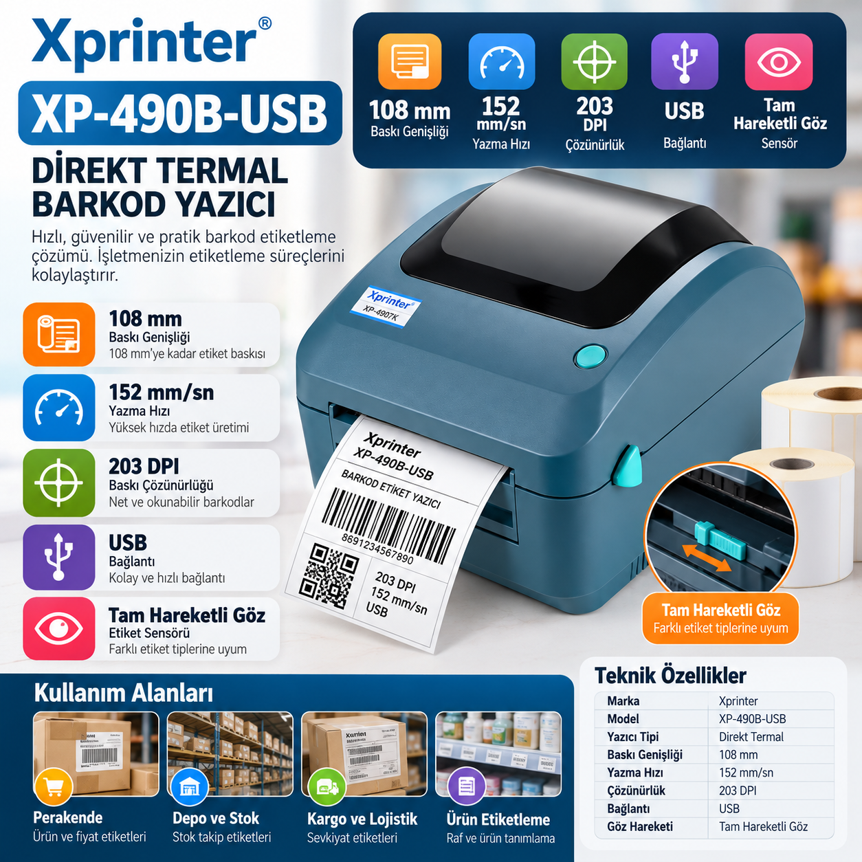Xprinter XP-490B-USB 203 DPI direkt termal USB barkod yazıcı