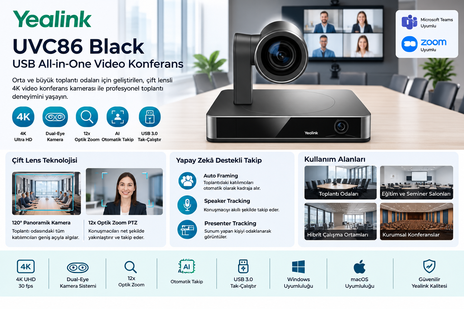 Yealink UVC86 Black Dual-Eye 4K USB video konferans kamerası 12x optik zoom ve yapay zekâ destekli konuşmacı takibi