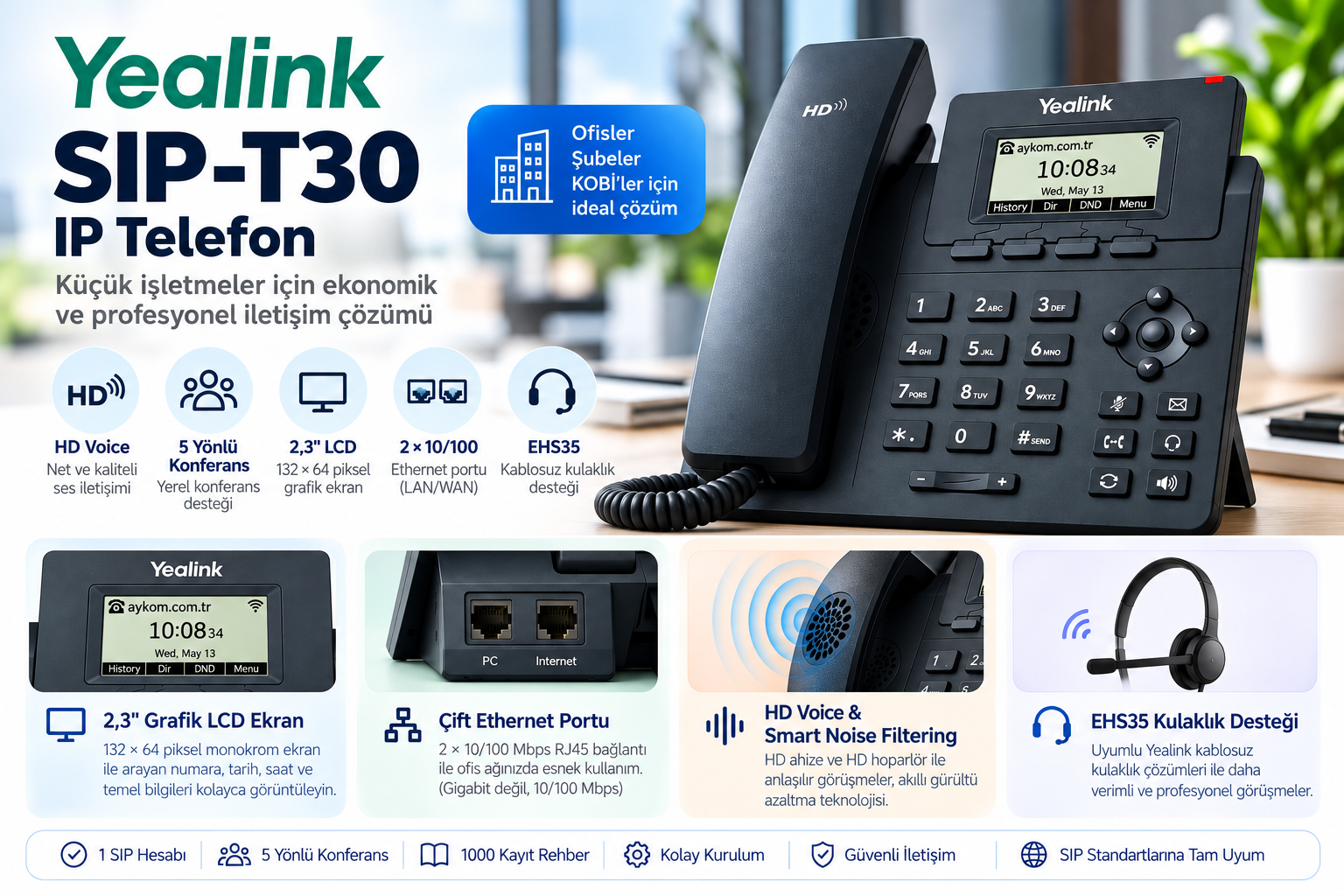 Yealink SIP-T30 1 SIP hesaplı HD Voice masaüstü IP telefon