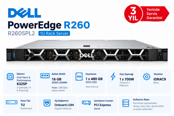 DELL R260SPL2 XEON 6325P 16GB 1x480GB SSD 1x700W 1U RACK SERVER