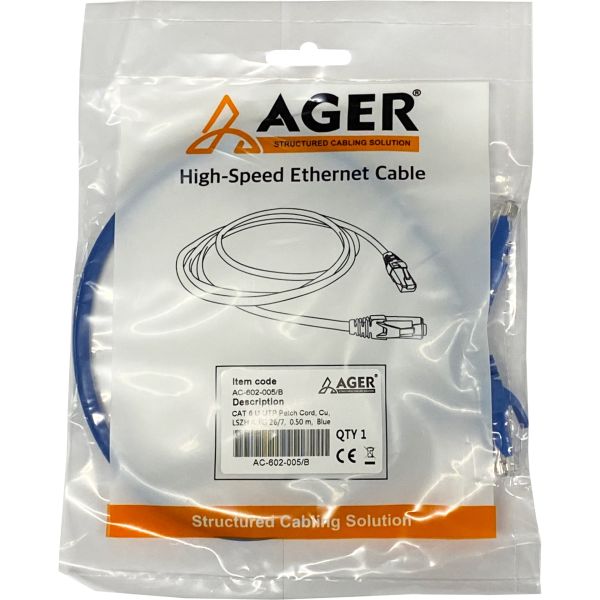 AGER AC-602-005 50CM UTP CAT6 PATCH KABLO MAVİ Cu, LSZH AWG 26/7