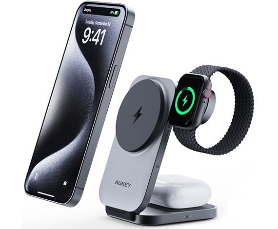 Aukey LC-MC312-GY MagFusion Z Qi2 15W Katlanabilir 3'ü 1 Arada Mıknatıslı Kablosuz Şarj Cihazı