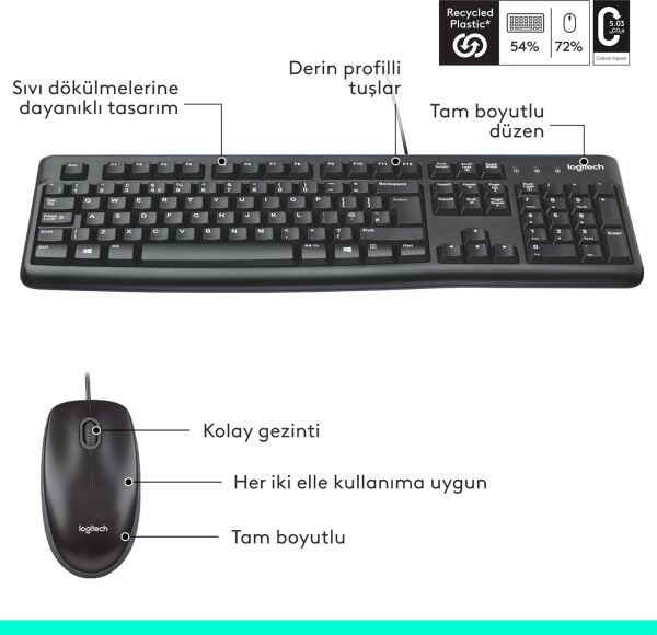 LOGITECH MK120 TÜRKÇE KABLOLU USB STANDART SİYAH Q KLAVYE+MOUSE