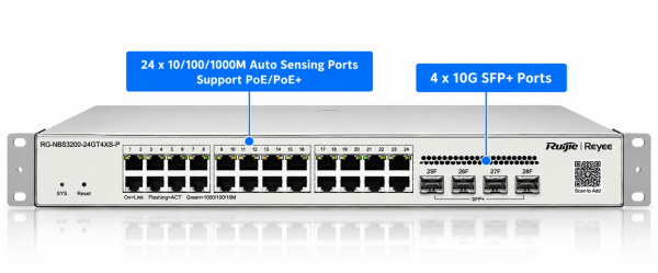 Ruijie Reyee RG-NBS3200-24GT4XS-P 24 Portlu, 10/100/1000 Gigabit, L2 Yönetilebilir Switch, 4*10G SFP, 24 Port PoE (370W)