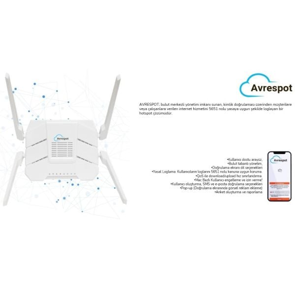 AVRESPOT BULUT HOTSPOT +5651 LOGLAMA 10,000 SMS + 100 KULLANICI 1YIL
