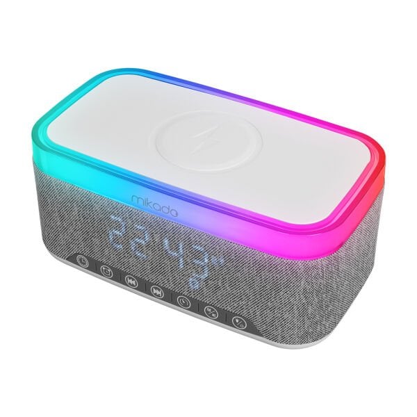 Mikado MD-W8 1200mAh 10W Gri Bluetooth-Usb-Kablosuz Şarj RGB-Gece Lambası Özellikli Alarmlı Saat Speaker