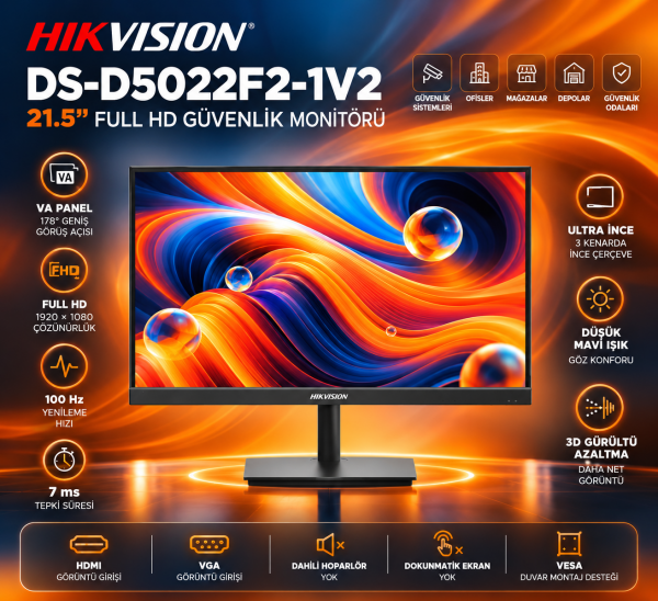HIKVISION DS-D5022F2-1V2 21.5'' 7MS 1920x1080 VGA/HDMI VESA 100Hz FULL HD GUVENLIK MONITORU