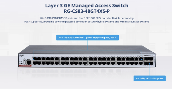 RUIJIE RG-CS83-48GT4XS-P 48 PORT 10/100/1000 48 PORT POE 4-PORT 1G/10G SFP+ 405W LAYER 3 YÖNETİLEBİLİR +CLOUD MANAGED  RACK MOUNT SWITCH
